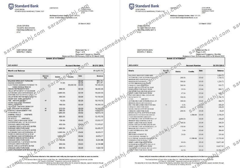 South Africa Standard bank statement 6 pages